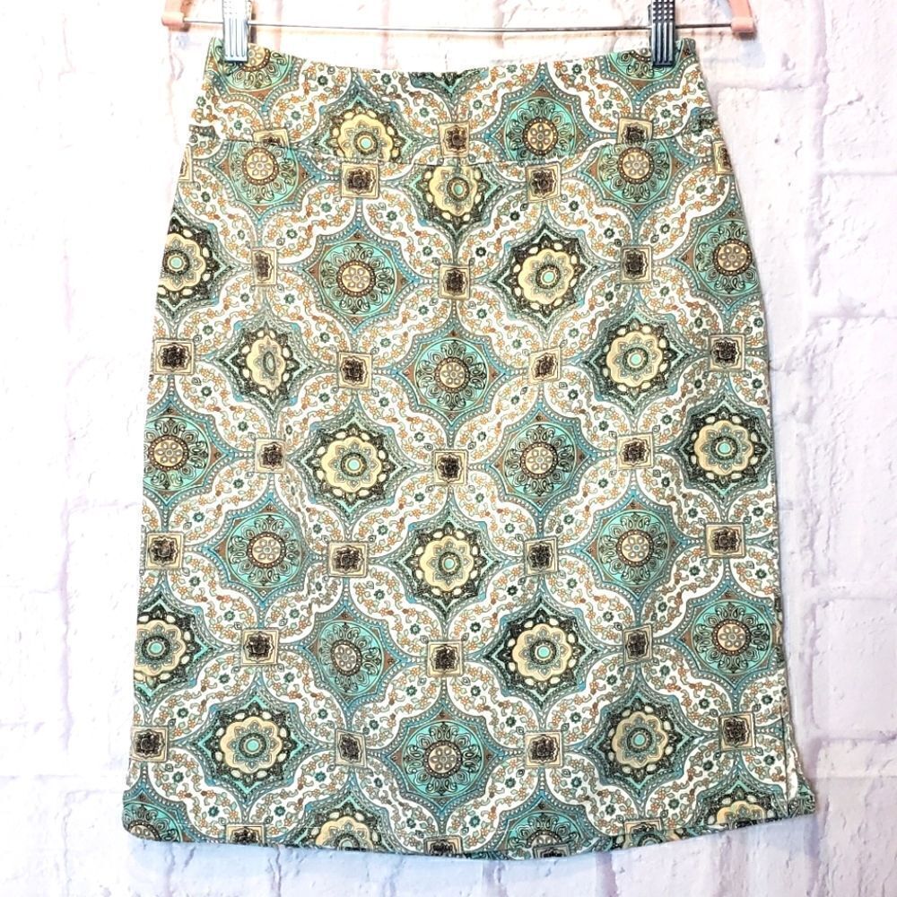 CHELSEA STUDIO Linen-Blend Kaleidoscope Print Skirt 6